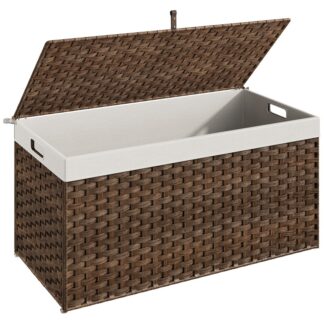 Panier de stockage avec couvercle, 200L Panier en osier à capacité, Panier de rangement à couverture brun à la main avec poignées, Cadre métallique et doublure douce, Pliable pour la chambre, Buanderie