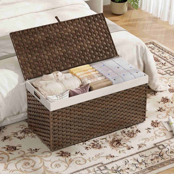 200سلة تخزين من الخوص قابلة للطي مع غطاء, صندوق تخزين منسوج يدويًا باللون البني مع مقابض, إطار معدني وبطانة ناعمة قابلة للفصل, مناسبة لغرفة النوم وغرفة الغسيل