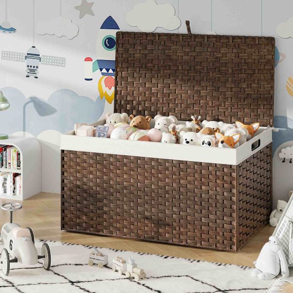 200سلة تخزين من الخوص قابلة للطي مع غطاء, صندوق تخزين منسوج يدويًا باللون البني مع مقابض, إطار معدني وبطانة ناعمة قابلة للفصل, مناسبة لغرفة النوم وغرفة الغسيل