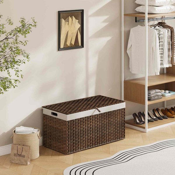 200سلة تخزين من الخوص قابلة للطي مع غطاء, صندوق تخزين منسوج يدويًا باللون البني مع مقابض, إطار معدني وبطانة ناعمة قابلة للفصل, مناسبة لغرفة النوم وغرفة الغسيل
