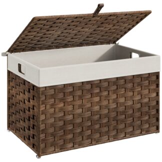 Panier de stockage avec couvercle, 65L Capacité Brown Wicker Panier, Panier de rangement à couverture à la main avec poignées, Cadre métallique et doublure douce, Pliable pour la chambre, Buanderie