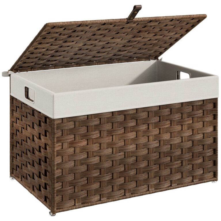 Storage Basket with Lid, 65L Capacity Brown Wicker Basket, Handwoven Blanket Storage Basket with Handles, Metal Frame and Soft Lining, Foldable for Bedroom, Laundry Room