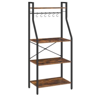 Bäckerständer, 4 Tier -Mikrowellenständer, Kaffeebar Station mit 6 Haken, X-förmige Back-Unterstützung, für Küche, Esszimmer, Wohnzimmer, rustikales Braun