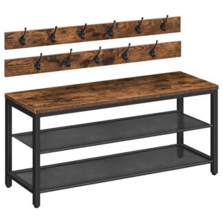 Zestaw ławek na buty z wieszakiem na ubrania, Ławka na buty przedpokój z 11 Wieszaki na płaszcze, 39.4" Stojak na buty w stylu industrialnym, Solidny i trwały, dla Przedpokoju, Salon, Sypialnia, Rustykalny brąz