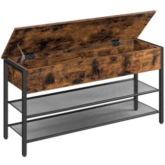 38.6" L Storage Bench, مقعد رف الأحذية الصناعي مع صندوق تخزين, خزانة الأحذية الرافعة, منظم الأحذية متعدد الاستخدامات للدخول, غرفة نوم, بني ريفي