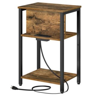 Bijzettafel met laadstation, Nachtkastje met stopcontact, USB -poort en type C, 3-Laag bijzettafel met verstelbare voeten, voor Woonkamer, Slaapkamer, Rustiek bruin en zwart