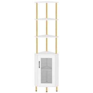 Corner Shelf Stand, 64.8" Tall Industrial Corner Cabinet with Doors, 5-Tier Corner Bookcase, Corner Display Cabinet Plant Stand, Display Shelves Rack for Living Room, White and Gold