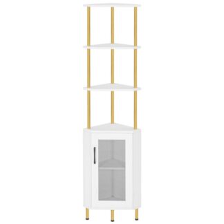 Kulmapohja, 64.8" Pitkä teollisuuskulmakaappi ovet, 5-Tier Corner BookCoby, Kulmanäyttökaapin kasvien jalusta, Näyttöhyllyteline olohuoneeseen, Valkoinen ja kulta