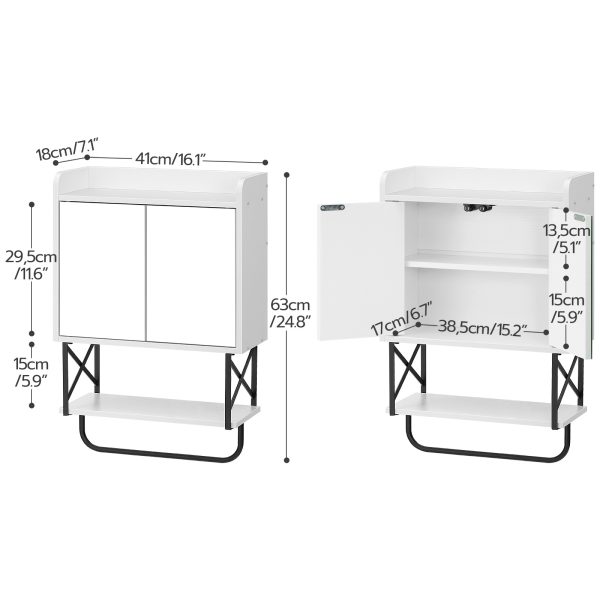 Wall-Mounted Medicine Cabinet with Mirror, Bathroom Storage Cabinet with Hidden Storage Space and Towel Bar, Double Mirrored Doors with Detachable Shelf, Suitable for Bathroom, Living Room, White Finish