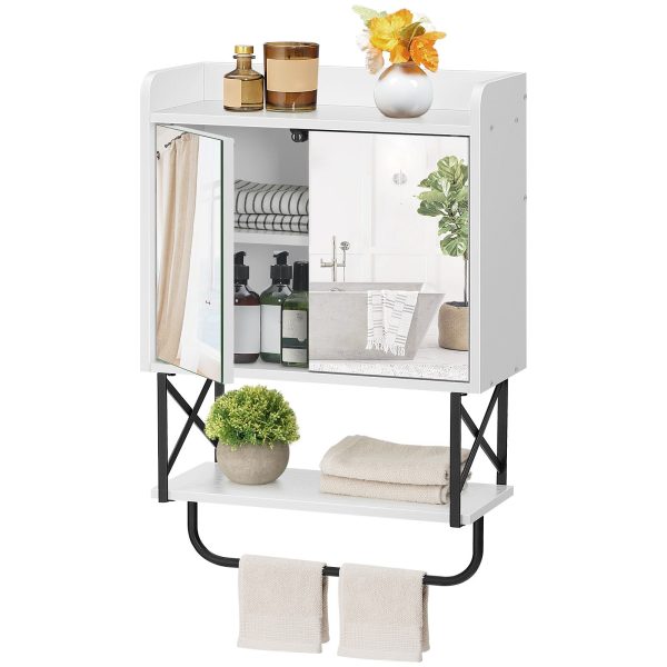 Wall-Mounted Medicine Cabinet with Mirror, Bathroom Storage Cabinet with Hidden Storage Space and Towel Bar, Double Mirrored Doors with Detachable Shelf, Suitable for Bathroom, Living Room, White Finish