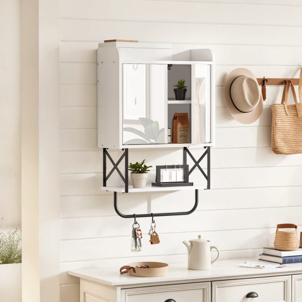 Wall-Mounted Medicine Cabinet with Mirror, Bathroom Storage Cabinet with Hidden Storage Space and Towel Bar, Double Mirrored Doors with Detachable Shelf, Suitable for Bathroom, Living Room, White Finish