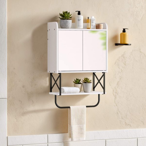 Wall-Mounted Medicine Cabinet with Mirror, Bathroom Storage Cabinet with Hidden Storage Space and Towel Bar, Double Mirrored Doors with Detachable Shelf, Suitable for Bathroom, Living Room, White Finish
