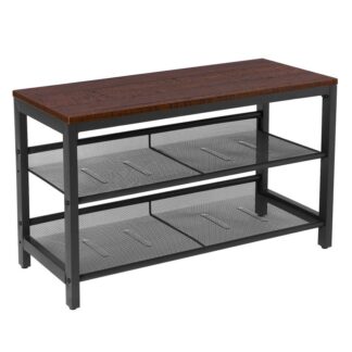 مقعد تخزين مدخل الأحذية, 3-رف الأحذية الطبقة, منظم تخزين الأحذية مع 2 أرفف شبكة للدخول, غرفة المعيشة, المدخل, التجميع سهل, لون الجوز