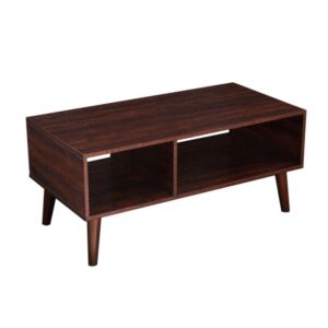 coffee table, accent cocktail table with storage shelf for living room, mid-century modern tv table, easy assembly, walnut color