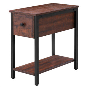 side table, 2-tier nightstand with drawer, narrow end table for small spaces, stable and sturdy construction, wood look accent furniture with metal frame, walnut color and black