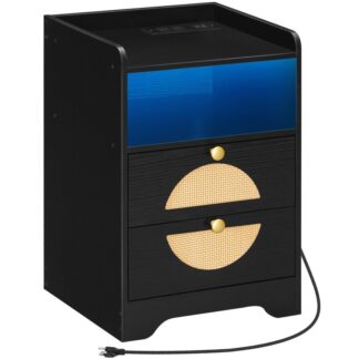 Zwarte eindtafel met laadstation, Rattan nachtkastje met LED -licht, Modern nachtkastje met 2 Opbergladen, Nachtkastje met USB-poorten & Stopcontacten, voor de slaapkamer