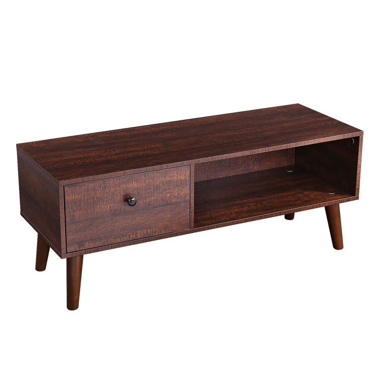 tv cabinet, tv stand console with open shelf, retro entertainment center with drawer in living room, entertainment room, office, wood look accent furniture, walnut color