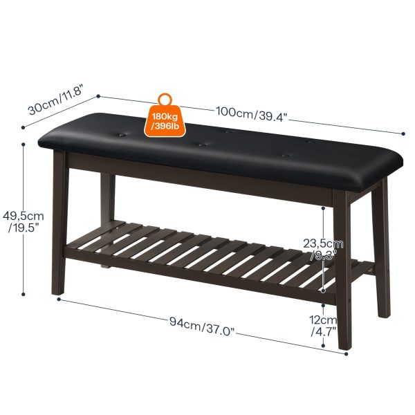 Shoe Storage Bench with Upholstered Seat, 2-Tier Bamboo Entryway Bench, Multi-Functional Dining Bench for Hallway, Sypialnia, Salon, Jadalnia, Brązowy & Czarny