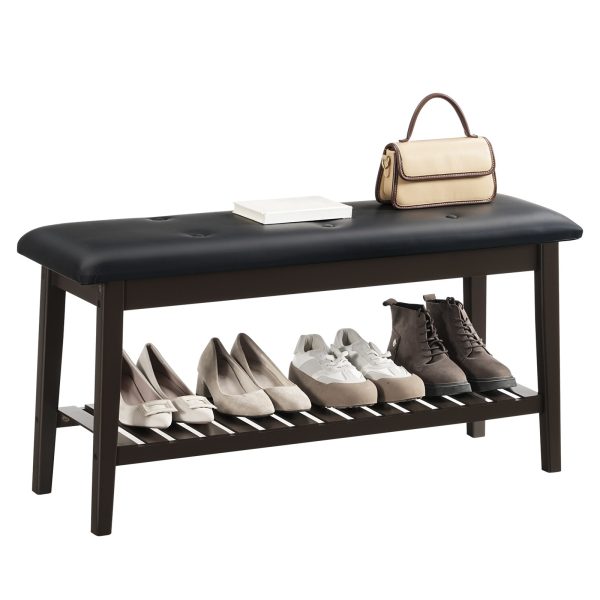 Shoe Storage Bench with Upholstered Seat, 2-Tier Bamboo Entryway Bench, Multi-Functional Dining Bench for Hallway, Sypialnia, Salon, Jadalnia, Brązowy & Czarny