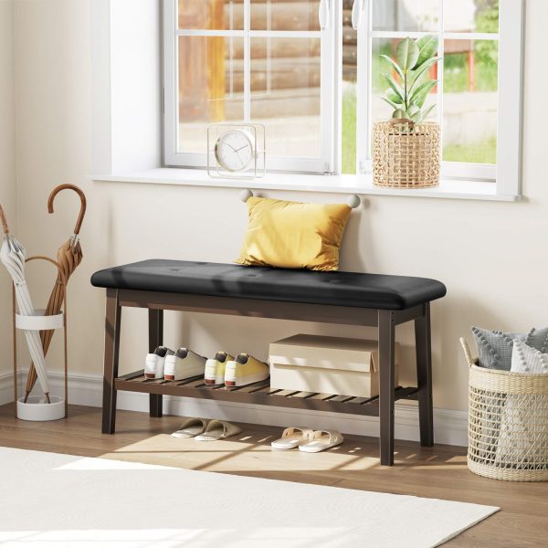 Shoe Storage Bench with Upholstered Seat, 2-Tier Bamboo Entryway Bench, Multi-Functional Dining Bench for Hallway, Sypialnia, Salon, Jadalnia, Brązowy & Czarny