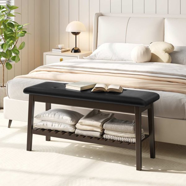 Shoe Storage Bench with Upholstered Seat, 2-Tier Bamboo Entryway Bench, Multi-Functional Dining Bench for Hallway, Sypialnia, Salon, Jadalnia, Brązowy & Czarny