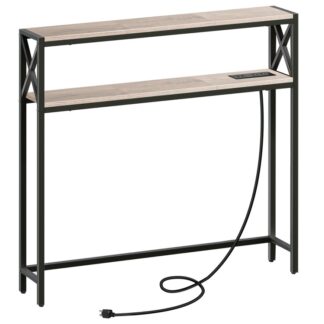 Narrow Sofa Table with Charging Station, 39.4" L x 5.9" W x 39.4" H, Behind Couch Table, Skinny Console Table with Outlet, Entryway Table for Living Room, Greige