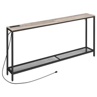 63 Sofa Table with Power Outlets, 2-Tier Console Table with Charging Station, Couch Table, Narrow Long Behind Sofa Table, for Living Room, Entryway, Foyer, Greige and Black