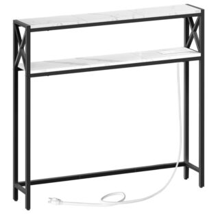 narrow sofa table with charging station, 39.4" l x 5.9" w x 39.4" h, behind couch table, skinny console table with outlet, entryway table for living room, marble and black