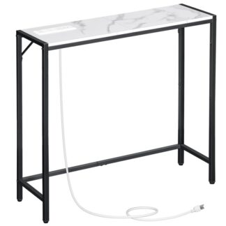 small console table with power station, 30.1 entryway table, behind sofa table, industrial style, outlets and usb ports, sturdy, for living room, entryway, foyer, corridor, marble