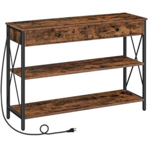 console table with outlets and usb ports, 47.2" industrial sofa table with 2 drawers, entryway table narrow long with storage shelves, sofa couch table for living room, rustic brown