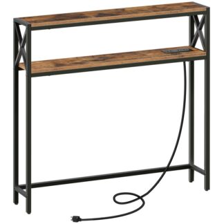 2-Tier Console Table, 100 cm Entryway Table with Power Outlets and USB Ports, Long Couch Table, Hallway Table with Shelf, for Foyer, Living Room, Hallway, Rustic Brown and Black