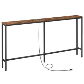 skinny console table with power outlets, 63" narrow sofa table, behind couch table with charging station, sofa hallway table for plants, living room