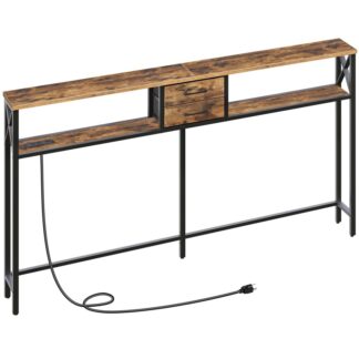 70.9'' narrow sofa table with outlet, behind couch table skinny, entryway table with led strip light, console table with storage drawer, rustic brown and black