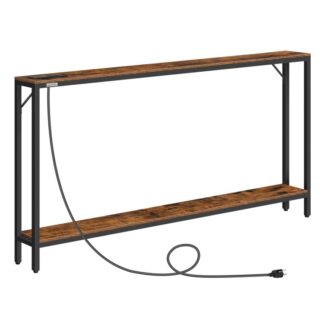 63 Sofa Table with Power Outlets, Skinny Console Table with Charging Station, 2 Tier Couch Table, Narrow Long Behind Sofa Table, for Living Room, Entryway, Foyer, Rustic Brown
