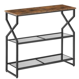 3-rétegkonzol asztal, kanapé asztal, keskeny bejárati asztal, folyosóasztal, homokóra alakú keretek, állítható lábak, bejárathoz, nappali, folyosó, hivatal, rusztikus barna