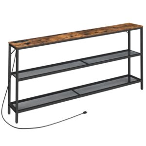Narrow Console Table, Sofa Table with Power Outlets, Entryway Table, 3 Tier Behind Couch Table with 2 Mesh Shelves, Rustic 63" Hallway Table with Metal Frame, Rustic Brown