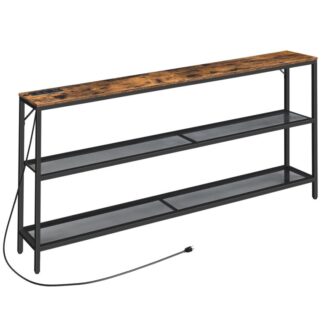 Narrow Console Table, Sofa Table with Power Outlets, Entryway Table, 3 Tier Behind Couch Table with 2 Mesh Shelves, Rustic 63" Hallway Table with Metal Frame, Rustic Brown