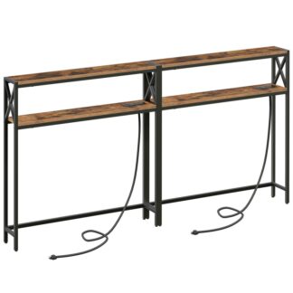 2 pack narrow sofa table with charging station, behind couch table, 39.4" l x 5.9" w x 39.4" h, skinny hallway table with shelf, entryway table for living room, rustic brown