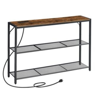 Konzolasztal töltőállomással, 43.3"L x 9.4"W x 28.7"H Sofa Table, 3-Szintű keskeny bejárati asztal, Folyosóasztal 2 Háló polcok, a Nappalihoz, Bejárat, Rusztikus barna