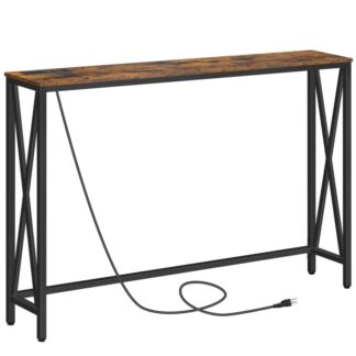 Console Table with Power Outlet, 47.2 Inches Narrow Sofa Table, Farmhouse Table Behind Sofa Couch with USB Ports, Sturdy and Durable, for Entryway, Living Room, Foyer, Rustic Brown