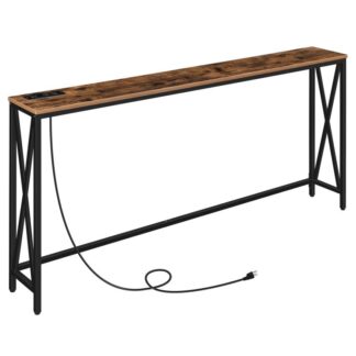 63" Konzolasztal -aljzattal, Keskeny kanapéasztal, Parasztház kanapé kanapéasztal töltőállomással, Erős és tartós, az Entryway számára, Nappali, Előcsarnok, Rusztikus barna