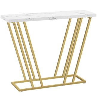Σύγχρονος πίνακας κονσόλας, Χρυσό και μαρμάρινο λευκό τραπέζι εισόδου με γεωμετρικά μεταλλικά πόδια, Faux μαρμάρινο στενό τραπέζι καναπέ, για Σαλόνι, Διάδρομος, Φουαγιέ