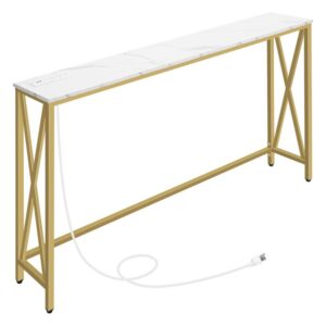 console table with power outlet, 55.1" narrow sofa table, mordern table behind sofa couch with usb ports, sturdy and durable, for entryway, living room, foyer, marble and gold
