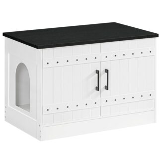 White and Black Cat Litter Box Enclosure, Hidden Litter Box Furniture with 2 Entrances, Wooden Cat Washroom, Farmhouse Indoor Cats House, End Table