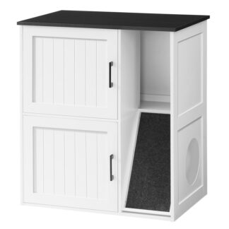 Litter Box Enclosure for 2 Cats, White and Black Hidden Litter Box Furniture with Scratch Pad, Double Litter Boxes Enclosure, Wooden Cat Washroom, Indoor Cat House End Table