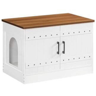 White and Walnut Cat Litter Box Enclosure, Hidden Litter Box Furniture with 2 Entrances, Wooden Cat Washroom, Farmhouse Indoor Cats House, End Table