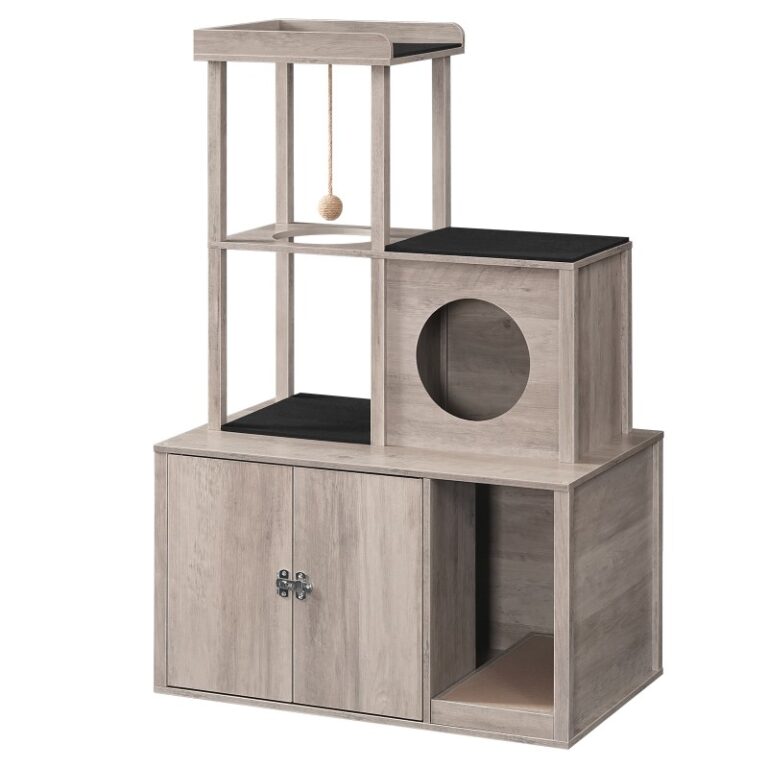 حاوية صندوق القمامة القط مع برج القط, أثاث قمامة القمامة المخفية مع الشقة والكرة الفخمة, أثاث حمامات القطط الخشبية مع منصة, بيت القطط الداخلي, رمادي