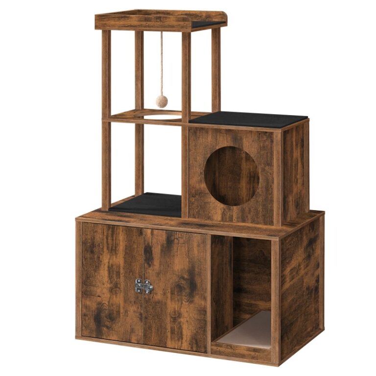 Katzenstreubox -Gehäuse mit Katzenturm, Versteckte Katzen -Katzentoilette -Kastenmöbel mit Wohnung und Plüschkugel, Hölzerne Katzenwaschraummöbel mit Plattform, Katzenhaus für den Innenbereich, Rustikales Braun