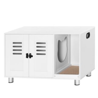 mobili per lettiera per gatti nascosti, Panca moderna del bagno di gatto con tappetino graffiaggio, La lettiera si adatta alla maggior parte della lettiera, tavolino da gatto interno, impilabile, bianco