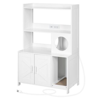 recinto per lettiera per gatti con 2 scaffali di stoccaggio, 46.5" H nascosto mobili per lettiera per gatti con stazione di ricarica, armadio per il bagno di gatto in legno con graffio, Casa per gatti interni, bianco